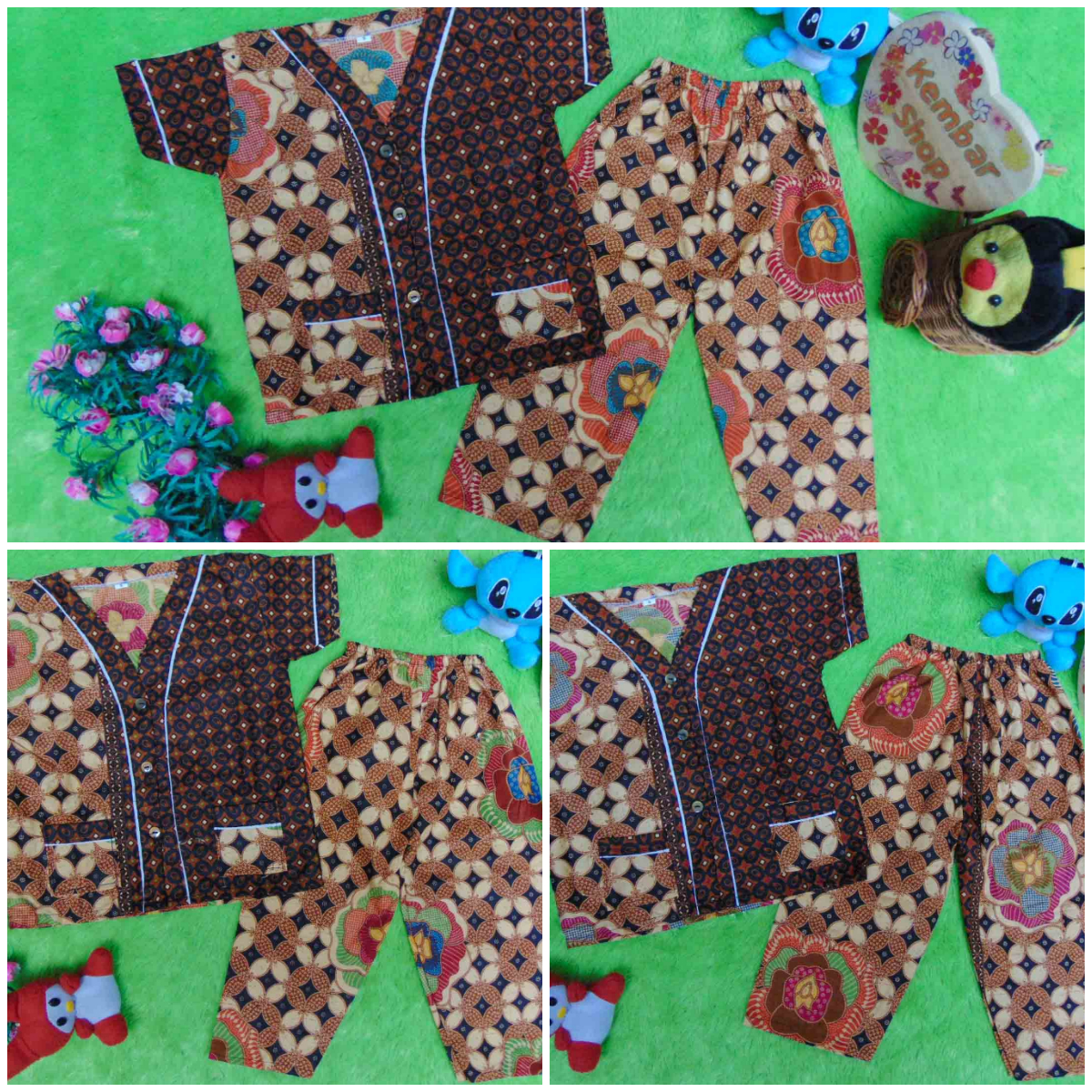 foto utama Setelan Baju Tidur Piyama Batik Bayi Celana Panjang size s 6-18bln motif kawung kembang RANDOM