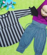 PLUS HIJAB setelan baju legging muslim anak Aisyah gamis bayi 6-18bulan jilbab stripe n purple 57 lebar dada 28cm, panjang baju 37cm, panjang celana 39cm