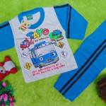 baju tidur piyama kaos panjang bayi 0-9bulan motif karakter little bus tayo bis kecil biru