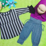 PLUS HIJAB setelan baju legging muslim anak Aisyah gamis bayi 6-18bulan jilbab stripe n purple 